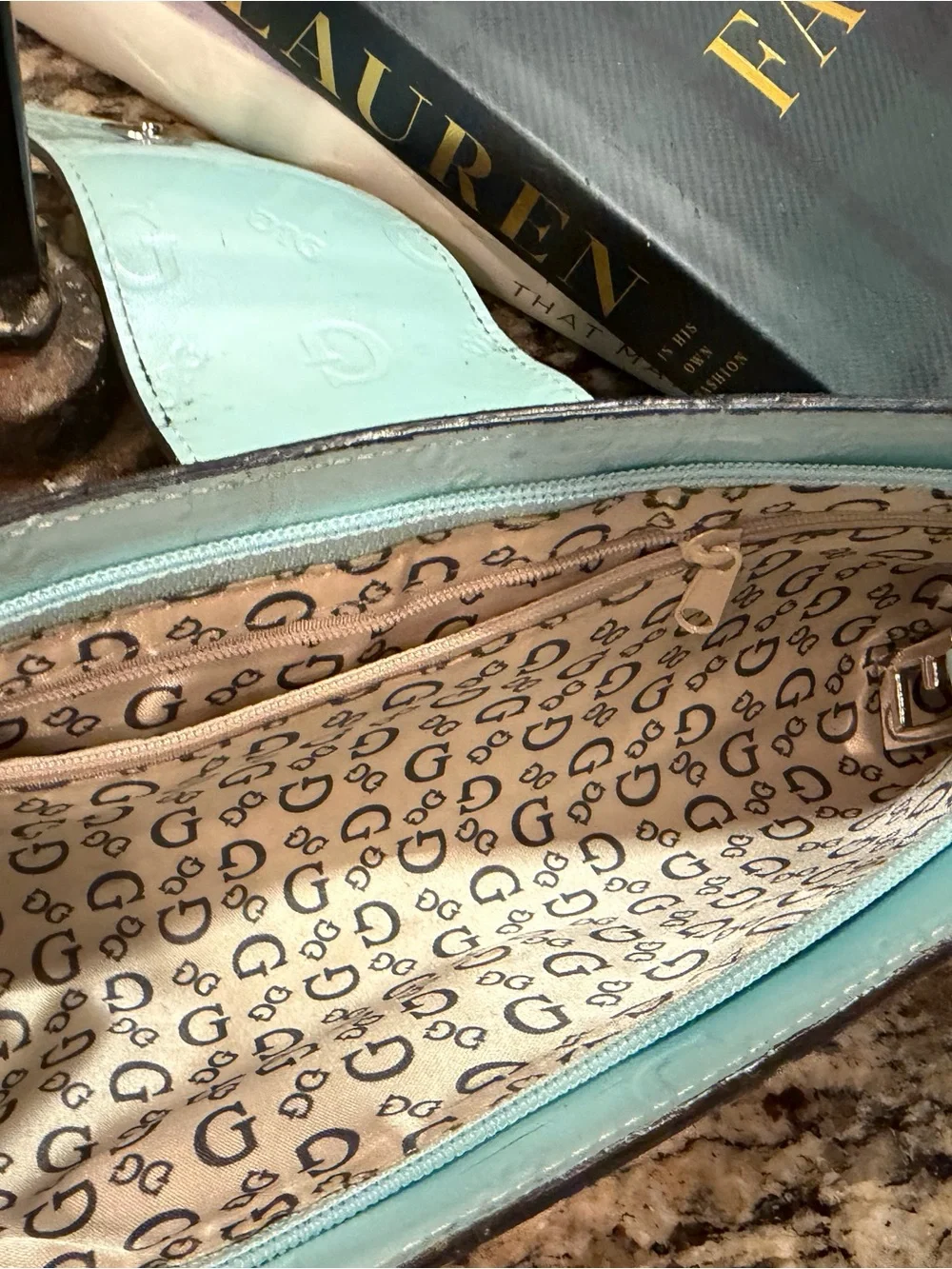 G by Guess light blue Patent Heart-Clasp Wristlet